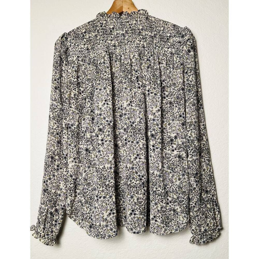 Free People Ditsy Floral Smocked Blouse Sz S Ruffle Tie Neck Boho Office Chic - Picture 12 of 12